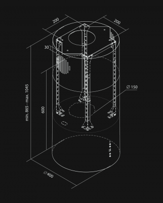Frihängande köksfläkt Cylindro 2STRIPS Black Matt - Svart matt - teknisk ritning
