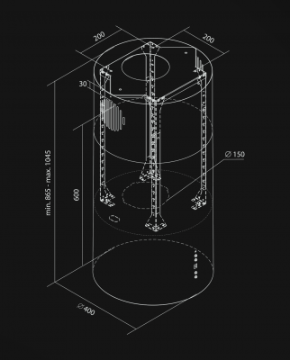 Frihängande köksfläkt Cylindro 4LED Black Matt - Svart matt - teknisk ritning