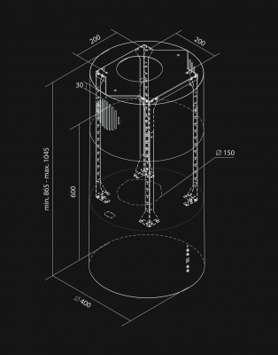 Frihängande köksfläkt Cylindro Inox - Rostfritt stål - teknisk ritning