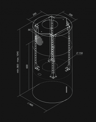 Frihängande köksfläkt Cylindro Eco 2STRIPS Black Matt - Svart matt - teknisk ritning