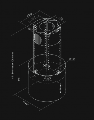 Frihängande köksfläkt Lorento Inox - Rostfritt stål - teknisk ritning