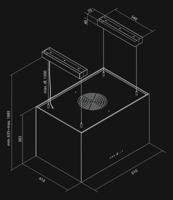 Frihängande köksfläkt Flores Glass Max White - Vit - teknisk ritning