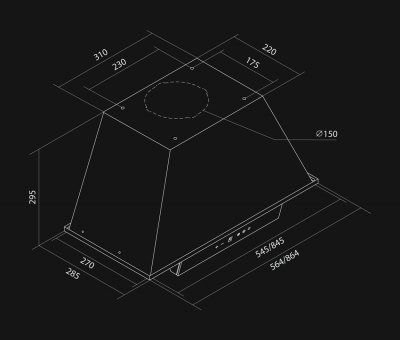 Skåpintegrerad köksfläkt Lando Black - teknisk ritning