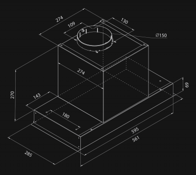 Skåpintegrerad köksfläkt Micra Black - teknisk ritning