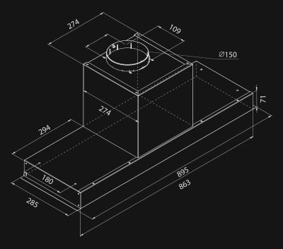 Skåpintegrerad köksfläkt Micra Black - teknisk ritning 3