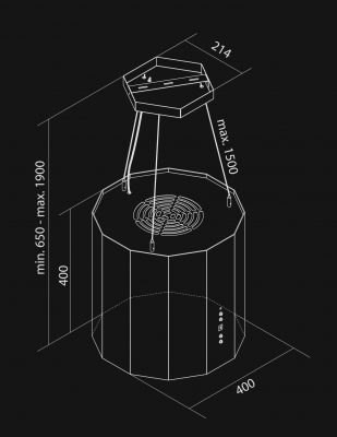 Frihängande köksfläkt Fobos Black Matt - Svart matt - teknisk ritning