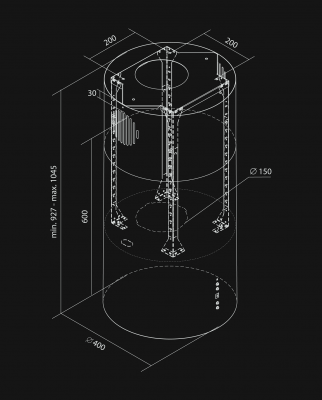 Frihängande köksfläkt Tubo Black Matt - Svart matt - teknisk ritning