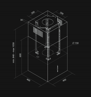 Frihängande köksfläkt Quadro Black Matt - Svart matt - teknisk ritning